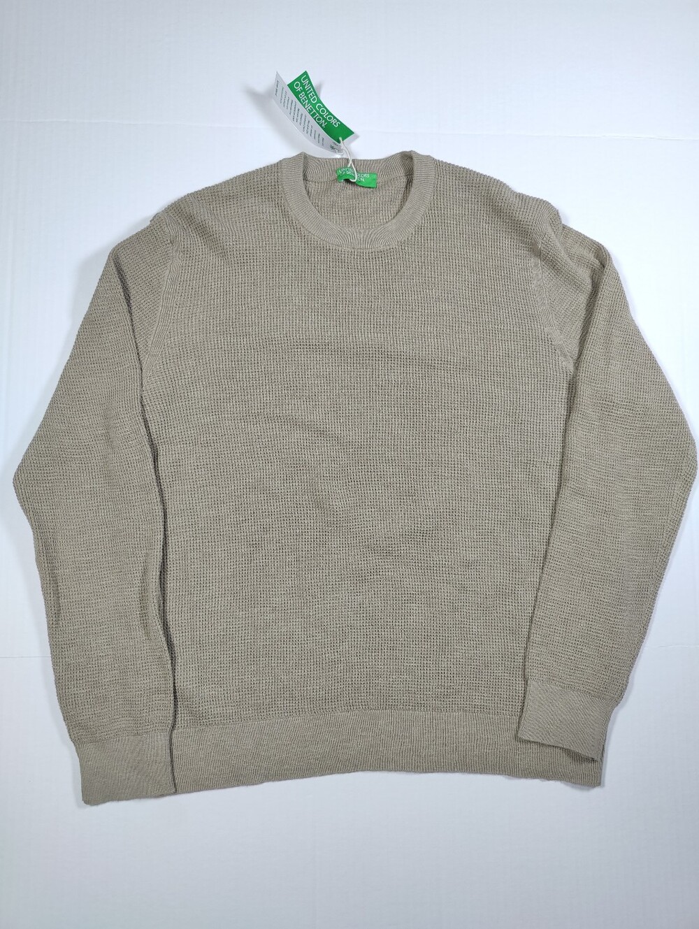 NWT United Colors of Benetton Green Linen Cotton Waffle Knit Sweater Size L